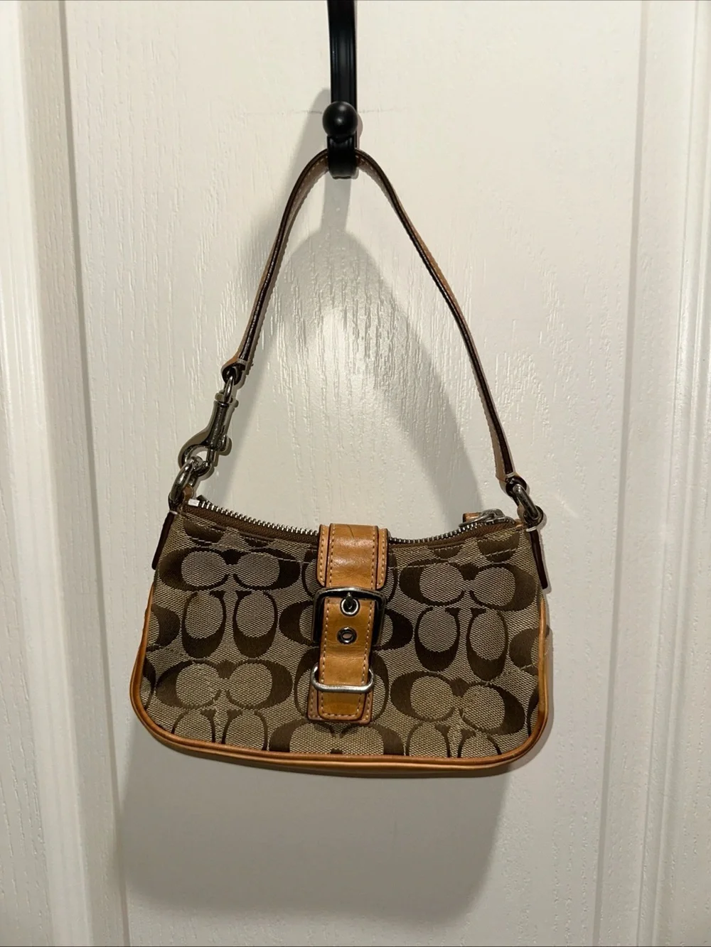 Vintage Coach Signature Demi Buckle Small Shoulder Bag Tan Leather Trim #6362